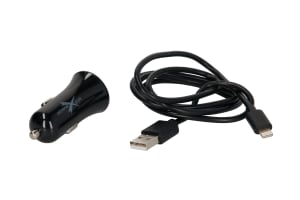 EXTREME-STYLE Univerzální nabíječka do auta DC 12 – 24V, 2 výstupy USB, kabel Apple Lightning