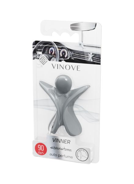 VINOVE Osvěžovač vzduchu do auta Silverstone určený pro přichycení do mřížky ventilátoru nebo pro zavěšení na zpětné zrcátko.