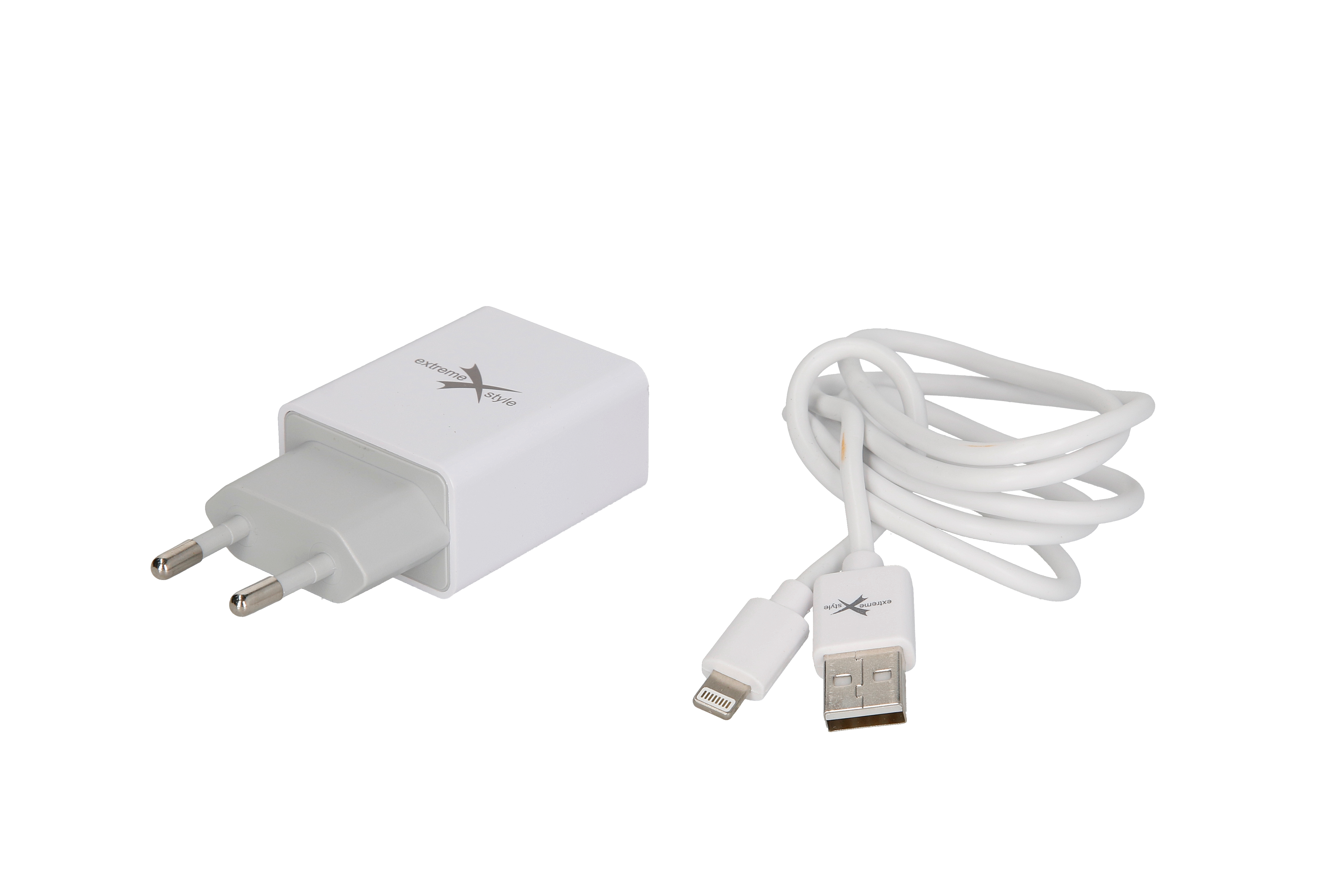EXTREME-STYLE Univerzální nabíječka do sítě, 2x výstup USB, kabel Apple Lightning, bílá
