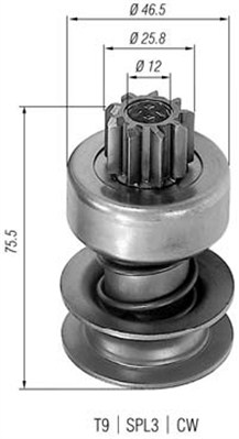 Pinion electromotor MAGNETI MARELLI OPEL 46.5 mm 9 dinti 12 mm 3 orificii 25.8 mm 75.5 mm