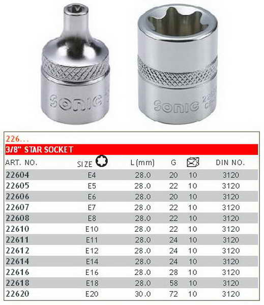 Tubulara scurtă SONIC 3/8` E-TORX E04 lungime 28 mm 10 mm 1 buc piesă fără impact profesională