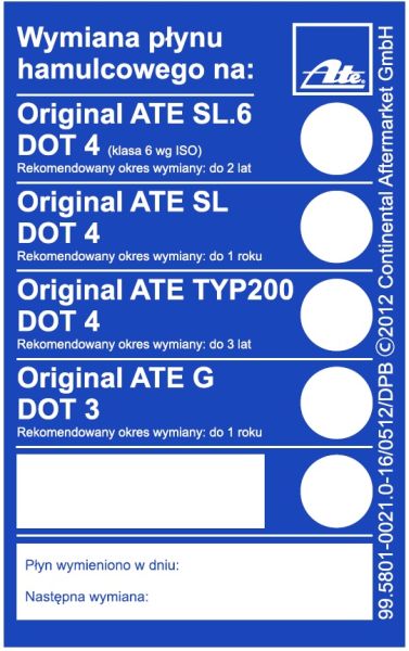 Eticheta informativa schimb lichid frana ATE, pachet 100 bucati
