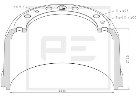 Tambur frana PETERS 410 mm interior/exterior, 275.5 mm inaltime, 282 mm alezaj butuc, 10 gauri, fata, NEOPLAN