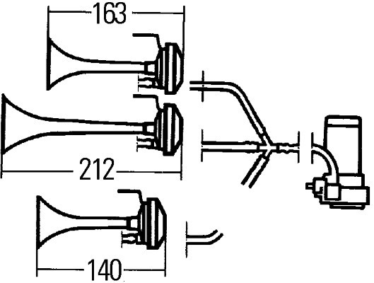 Claxon HELLA Fanfare Electro-pneumatic 12V 780-820-880Hz 118dB 240W Claxon Tritonal ECE 3PD003 001-671