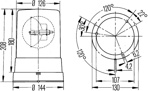 Girofar HELLA KL710 24V 144mm 3 Șuruburi Montare Portocaliu Circulară H1 Halogen 70W IPX9K 208mm 160RPM