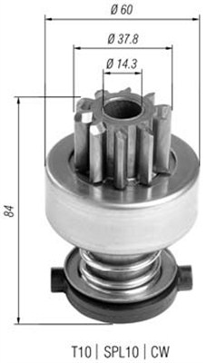 Pinion electromotor MAGNETI MARELLI Roata de pornire Diametru exterior 60.0 mm Numar dinti 10 Diametru gaura 14.3 mm Lungime totala 84.0 mm