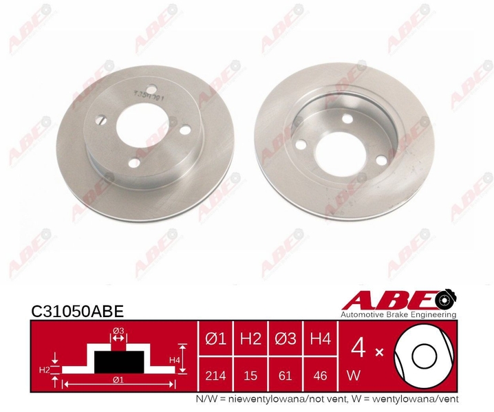 Disc Frana Fata Dreapta/Stanga ABE NISSAN MICRA I 1.0/1.2 12.82-07.92 Ventilat 214mm 4 Gauri 15mm Fonta