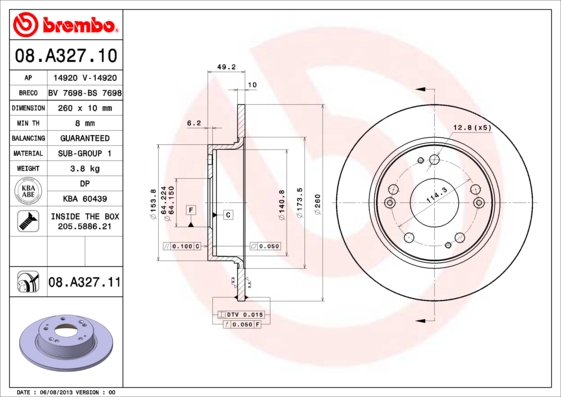 Disc frana Spate Dreapta/Stanga BREMBO Honda Accord VII 2.0/2.2D/2.4 02.03-07.08 Diametru 260mm Grosime 10mm 5 Gauri