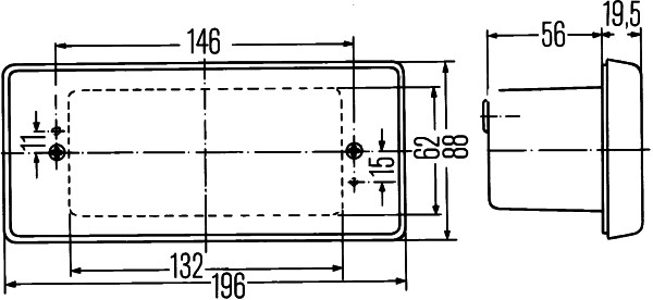 Lampă mers înapoi HELLA transparentă 196x88 mm P21W montare interioară ECE-R23 12V/24V