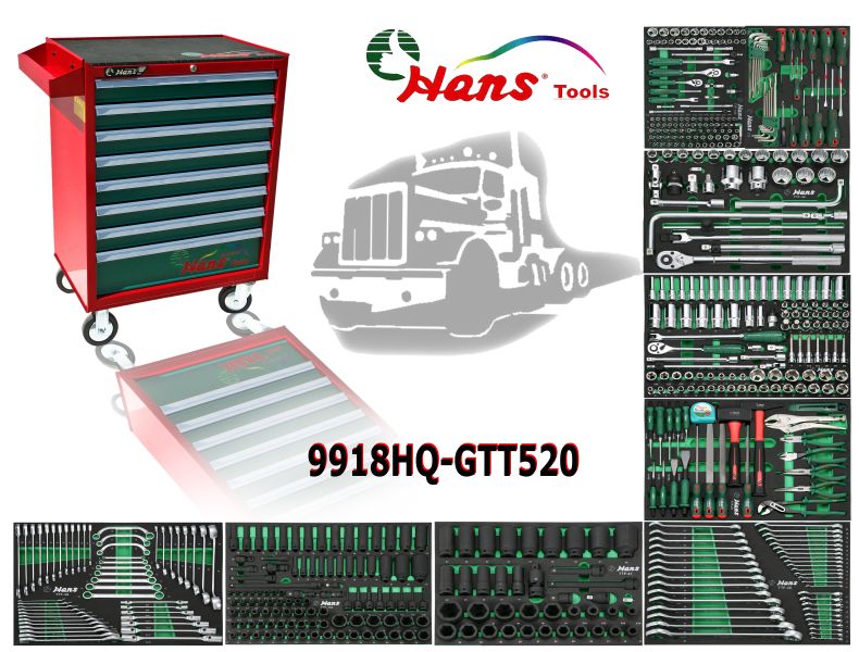 Carucior cu scule HANS 520 piese 8 sertare inaltime 812 mm latime 670 mm adancime 460 mm Rosu/Verde atelier TRUCK