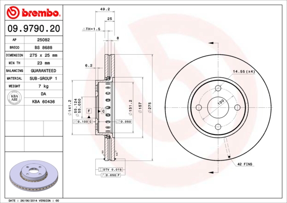 Disc frana Fata Dreapta/Stanga BREMBO Toyota Corolla Verso 1.8/2.0D 276mm 4 gauri 25mm grosime 103Nm 12.01-02.07