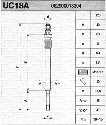 Bujie incandescenta MAGNETI MARELLI MERCEDES-BENZ M10X1 11.5V 128.4mm 15A 7min 10mm cheie 83mm lungime 30mm filet