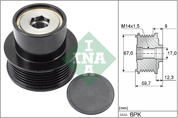 Sistem roată liberă generator INA Rulita alternator CITROEN C1 II PEUGEOT 108 TOYOTA AYGO YARIS 1.0 08.05- Ø int 17mm ext 67mm lățime 64mm 6 striații