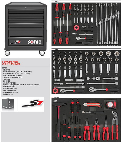 Carucior cu scule SONIC 140 piese 6 sertare inaltime 911 mm latime 730,7 mm adancime 462,7 mm culoare Negru serie S7