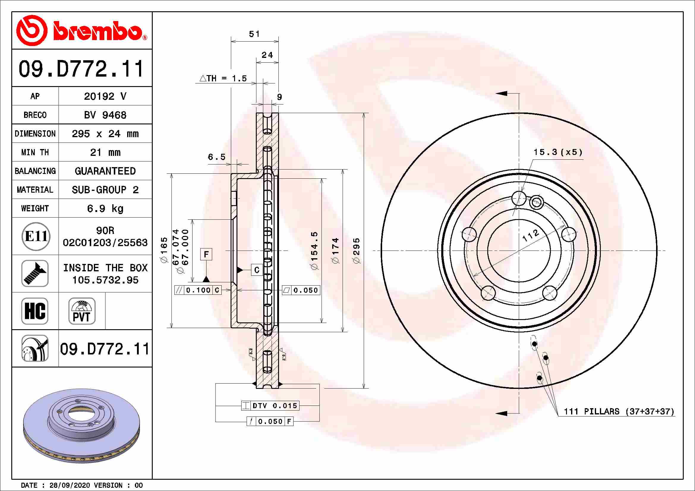 Disc frana BREMBO Fata Dreapta/Stanga MERCEDES A V177 W177 B W247 CLA C118 X118 1.3/1.5D 295mm 5 gauri 03.18-