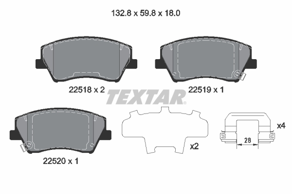 Set placute frana fata Hyundai Elantra VI Ioniq Kia Niro 1.6-Electric TEXTAR 132.8mm latime 59.8mm inaltime 18.0mm grosime