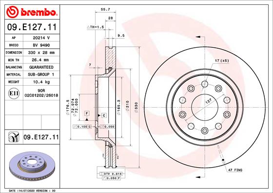 Disc frana Fata BREMBO JEEP WRANGLER IV 2.0/2.2D/3.6 11.17- Diametru 330mm Inaltime 56mm Grosime 28mm 5 Gauri Ventilat Intern