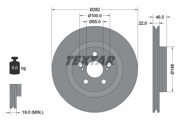 Disc frana TEXTAR Fata Dreapta/Stanga Toyota Yaris 1.5/1.5H 282mm 5 gauri ventilat interior 22mm 02.20-