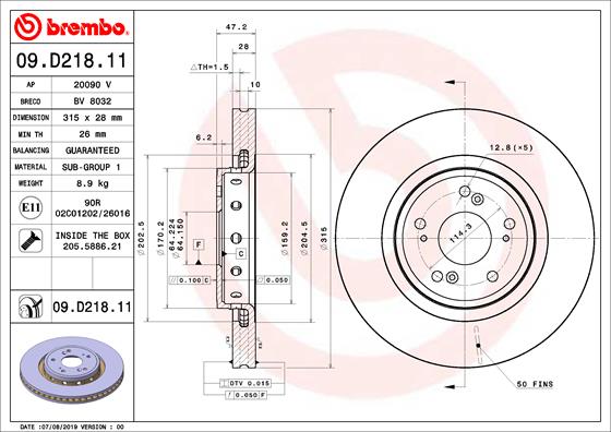 Disc frana Fata Dreapta/Stanga BREMBO HONDA CR-V IV 1.6D/2.2D 10.12- Diametru 315mm Grosime 28mm 5 Gauri Ventilat Intern