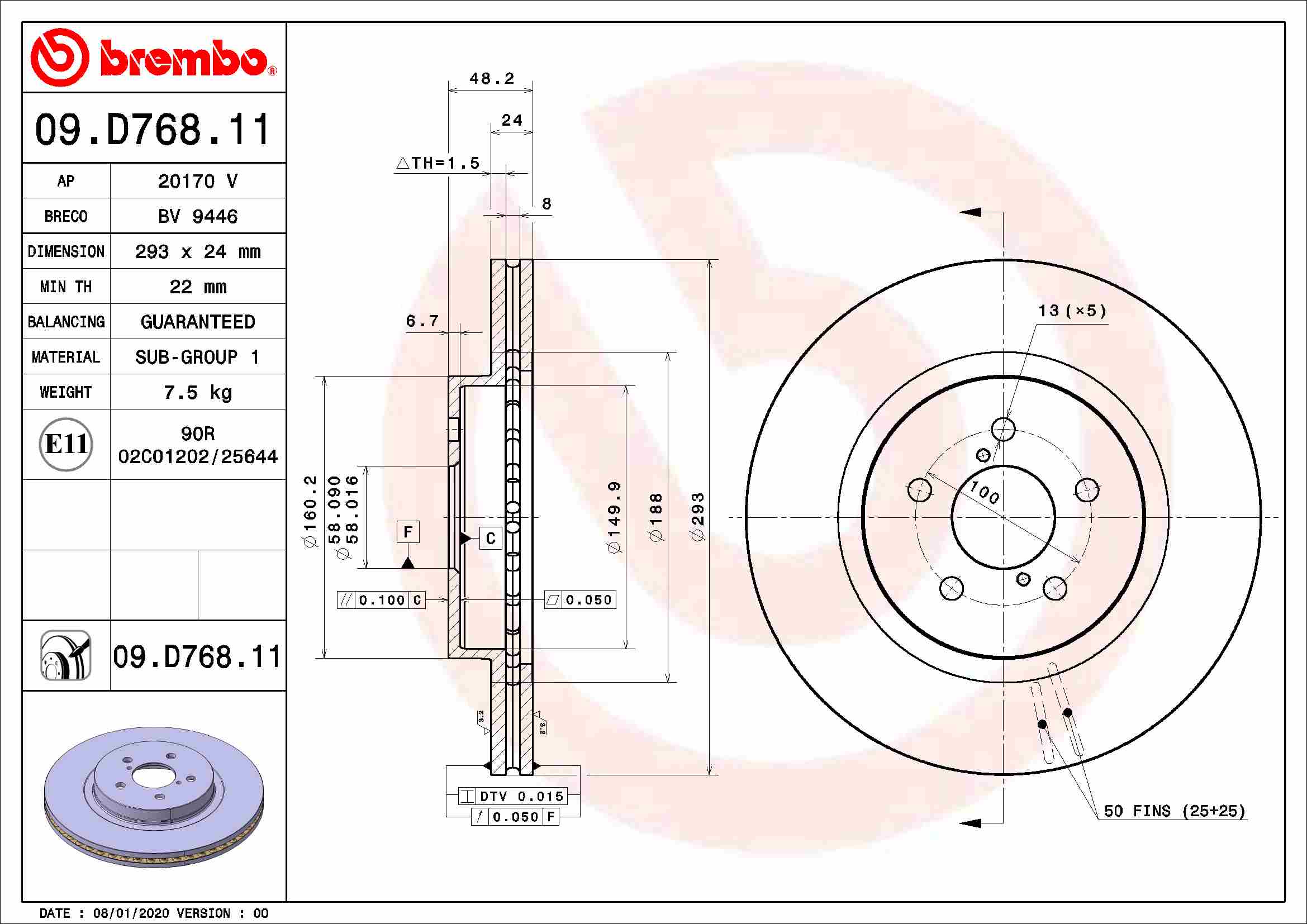 Disc frana fata ventilat intern BREMBO SUBARU IMPREZA XV 2.0 10.16- 293mm 48mm 24mm 5 gauri 58mm 22mm 1 buc