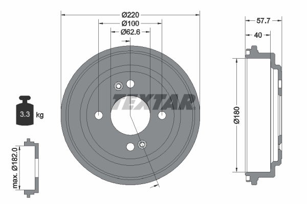 Tambur frana Spate TEXTAR Hyundai Getz 1.1-1.6 09.02-12.10 Diametru interior 180 mm exterior 220 mm Inaltime 57.7 mm