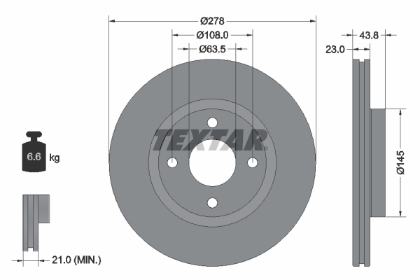 Disc frana TEXTAR Fata Dreapta/Stanga Ford Fiesta VII 1.5 04.18- ventilat interior 278mm 4 gauri 63.5mm 23mm grosime