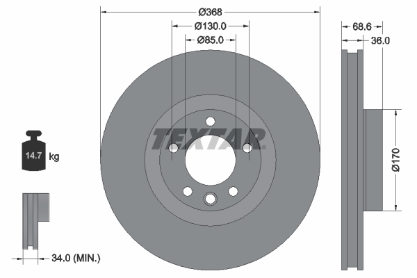 Disc frana TEXTAR Fata Dreapta/Stanga Porsche Cayenne VW Touareg 3.0D-6.0 09.02-09.10 Diametru 368mm Grosime 36mm Ventilat Intern