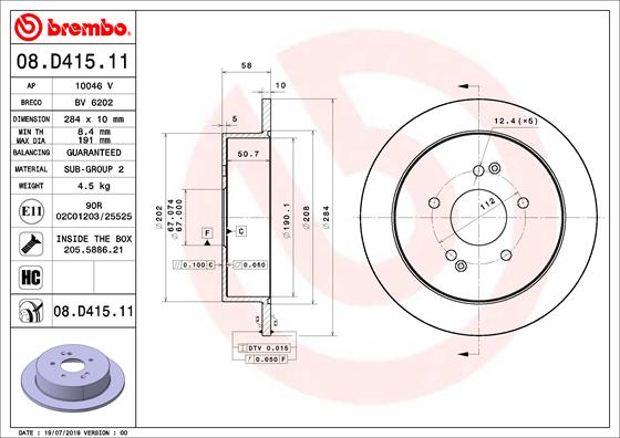 Disc Frana Spate Dreapta/Stanga BREMBO 284mm 5 Gauri SSANGYONG KORANDO TIVOLI XLV 1.6-2.2D 11.10-