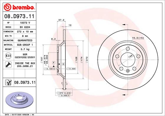 Disc frana BREMBO Spate Dreapta/Stanga AUDI A1 VW POLO VI 2.0 Diametru 272mm 5 Gauri Grosime 10mm 37mm Inaltime