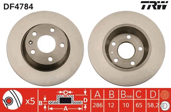 Disc frana Spate Dreapta/Stanga TRW AUDI TT 1.8-3.2 08.06-06.14 Diametru 286 mm Inaltime 58.2 mm Grosime 12 mm 5 Gauri