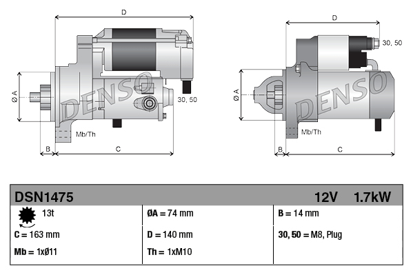 Demaror DENSO 12V 1.7kW 13 Dinti Compatibil TOYOTA AURIS C-HR COROLLA 1.2 03.15- Sistem Electric Motor