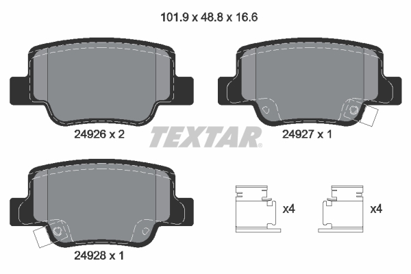 Set plăcuțe frână spate TEXTAR Toyota Verso 1.6-2.2D 04.09-08.18 grosime 16.6mm lățime 101.9mm înălțime 48.8mm sistem Bosch