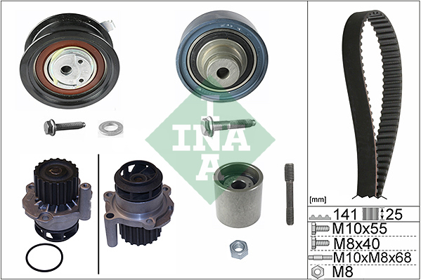 Set sincronizare curea scripete pompa apa INA SEAT IBIZA III SKODA FABIA I VW POLO 1.6D/1.9D 141 dinti 25 mm latime