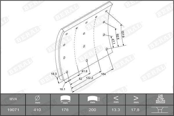 Set garnituri frictiune frana tambur BERAL 410x200mm Fata/Spate 18.3mm grosime 96 nituri 192mm lungime exterioara