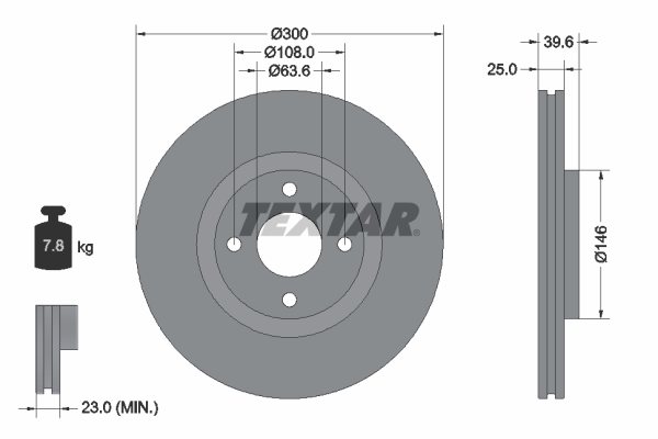 Disc frana TEXTAR Fata Dreapta/Stanga FORD ECOSPORT 1.0-2.0ALK 10.12- Diametru 300 mm Grosime 25 mm Ventilat Intern