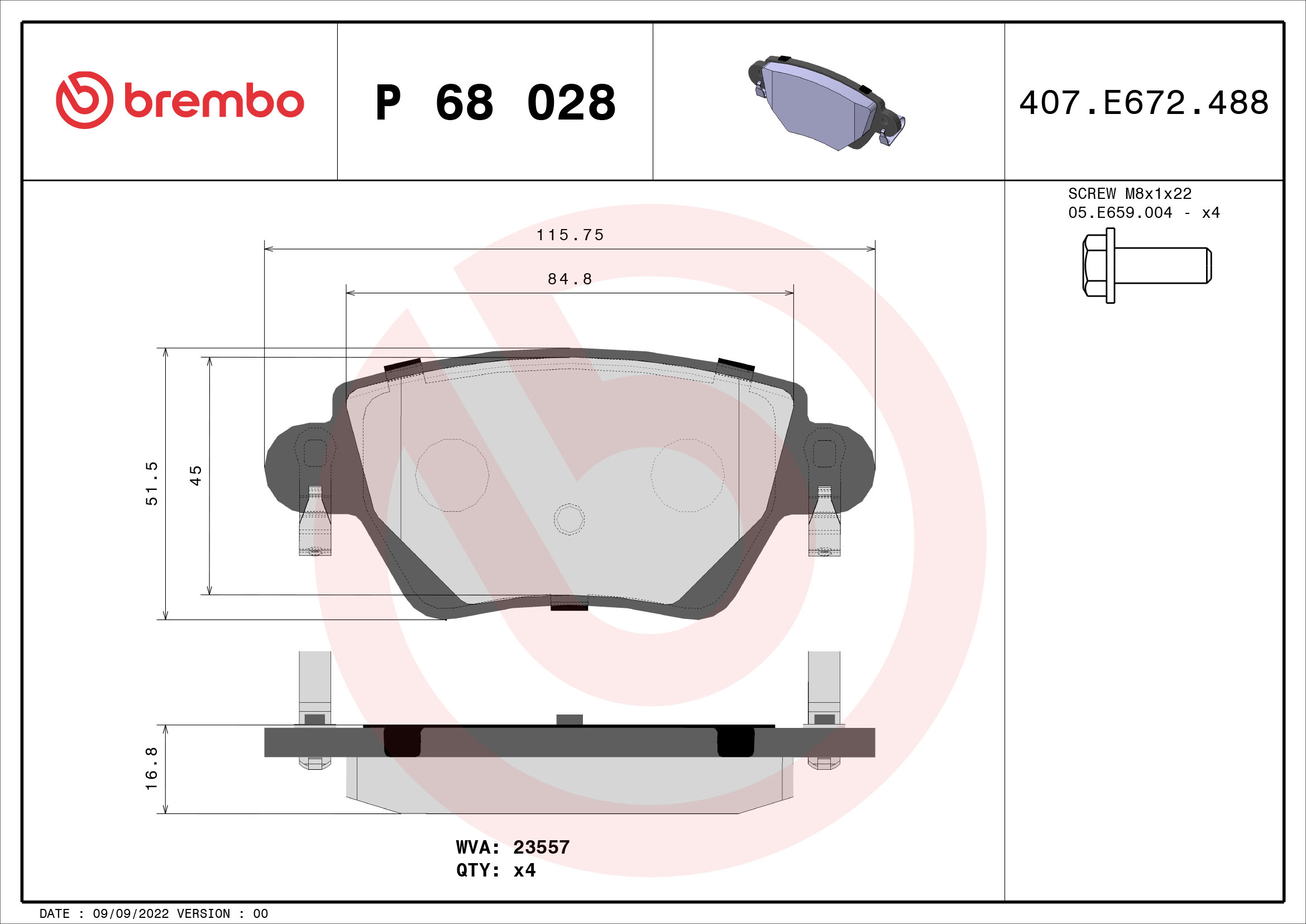 Set placute frana disc BREMBO ceramica Renault Kangoo 1.6/1.9D 52mm x 116mm 17mm fata/spate fara senzori uzura Bosch cu suruburi etrier