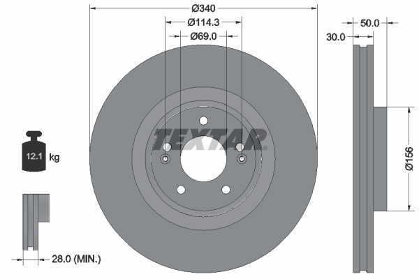 Disc frana fata ventilat interior 340mm HYUNDAI SANTA FE IV KIA SORENTO III TEXTAR 01.15- 5 gauri 30mm grosime