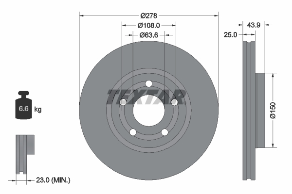 Disc frana TEXTAR Fata Dreapta/Stanga Ford Puma 1.0-1.5D 09.19- Diametru 278 mm Grosime 25 mm 5 gauri Ventilat Intern