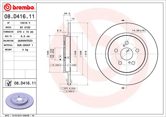 Disc frana BREMBO Spate Dreapta/Stanga LEXUS CT TOYOTA URBAN CRUISER 1.4D/1.8H 01.09- Diametru 279mm 5 Gauri 10mm Grosime