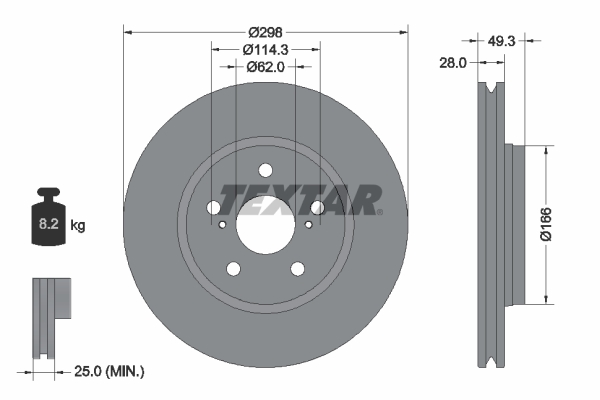 Disc frana TEXTAR Fata Dreapta/Stanga Toyota C-HR Corolla 298mm Diametru 28mm Grosime 5 Gauri Ventilat Exterior