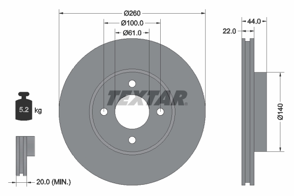 Disc Frana TEXTAR Fata Dreapta/Stanga NISSAN MICRA IV NOTE 1.2/1.5D 05.10- Diametru 260mm Grosime 22mm 4 Gauri Ventilat Intern