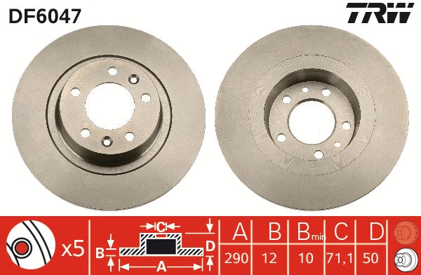 Disc frana Spate Dreapta/Stanga TRW AUTOMOTIVE PEUGEOT 407 2.0D-3.0D 290mm 5 gauri 12mm grosime 71.1mm centrare 108mm asezare