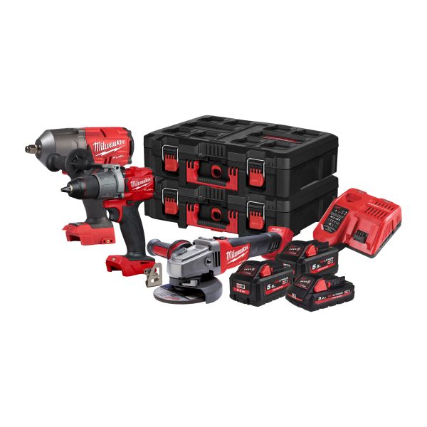 Set scula electrica MILWAUKEE 3 pcs Air impact wrench, Angle grinder, Drill-screwdriver, 3 baterii, incarcator inclus