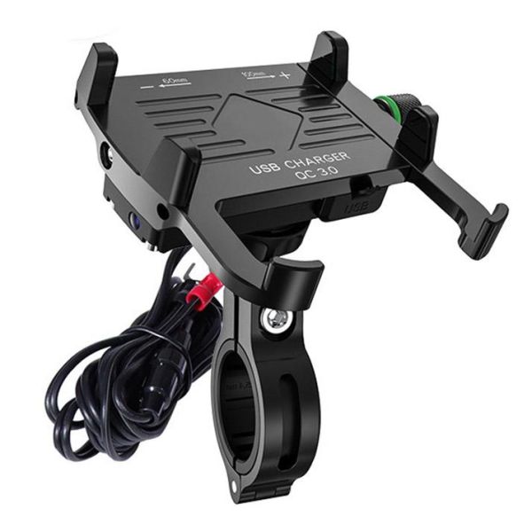 Suporturi telefon motociclete 4 RIDE metal negru cu încărcător USB Quick Charge 3.0 R10