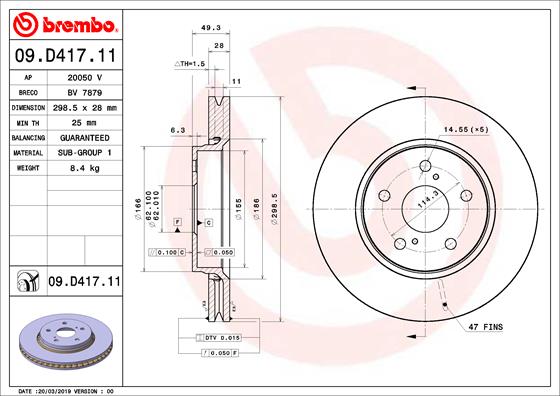 Disc frana Fata Dreapta/Stanga BREMBO 299mm 5 Gauri Ventilat Intern TOYOTA C-HR COROLLA 1.2/1.8H/2.0H 10.16-