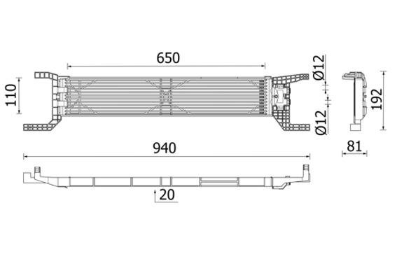 Radiator ulei motor MAHLE FIAT DUCATO 2.3D 05.19- Inaltime 650mm Latime 110mm Grosime 20mm Diametru admisie 12mm Diametru evacuare 12mm