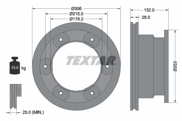 Disc frana TEXTAR ventilat intern 306mmx28mm 6 gauri IVECO DAILY IV VI TOYOTA STARLET 02.78-