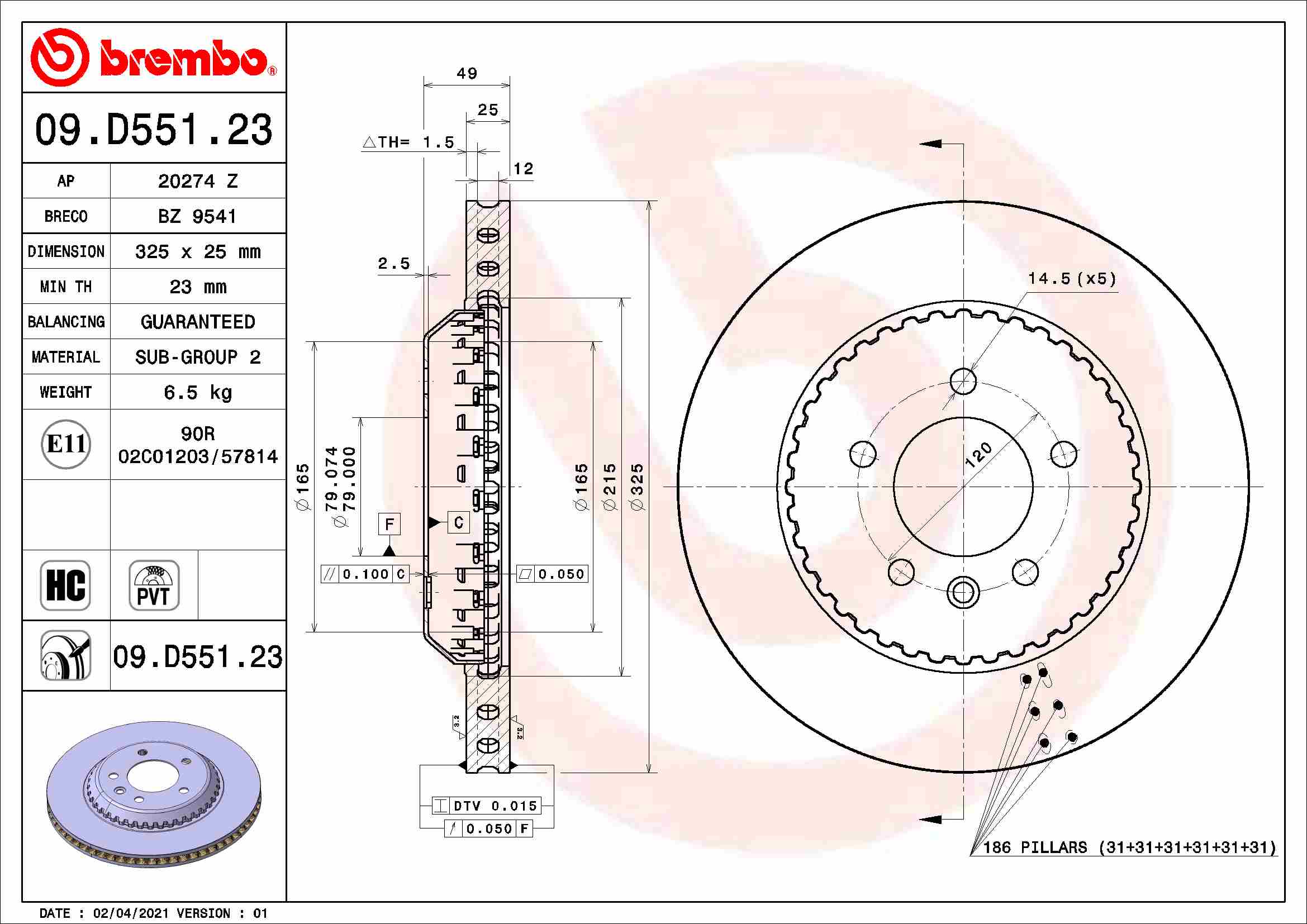 Disc frana BREMBO Spate Dreapta/Stanga Land Rover Defender 2.0-3.0H 09.19- Diametru 325mm 5 Gauri Ventilat Intern