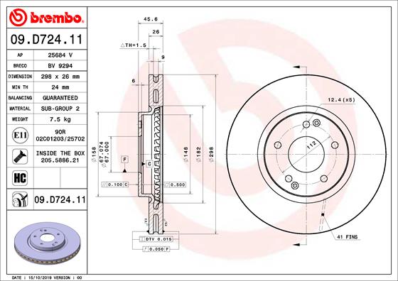 Disc frana BREMBO Fata Dreapta/Stanga SSANGYONG KORANDO 2.0/2.0D/2.2D 11.10- Diametru 298mm Grosime 26mm 5 Gauri Ventilat Intern