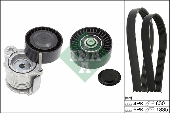 Set curea transmisie cu caneluri INA pentru BMW 1 (E87), 3 (E90), 3 (E91) 2.0D, lungime 830 mm, 1835 mm, 6 nervuri, 2 curele